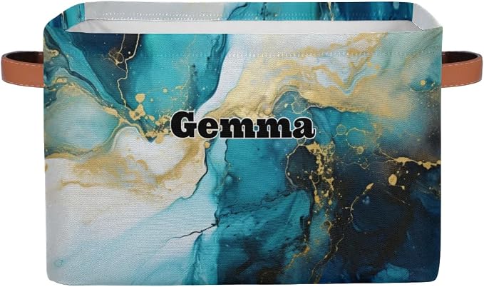 Personalized Storage Bins, Customized Name Storage Basket Rectangle Clothes Organizer for Organizing Kids and Pets Toys Shelf Closet, Blue Cream Marble Texture