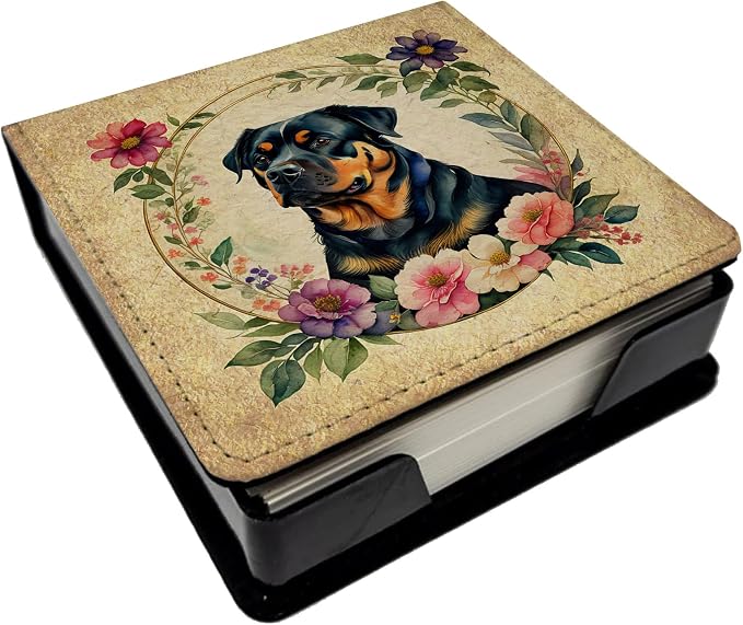 Caroline's Treasures Rottweiler and Flowers PU Leather Note Paper Holder with Artist-Designed Cover, Desk Accessory, Office Gift