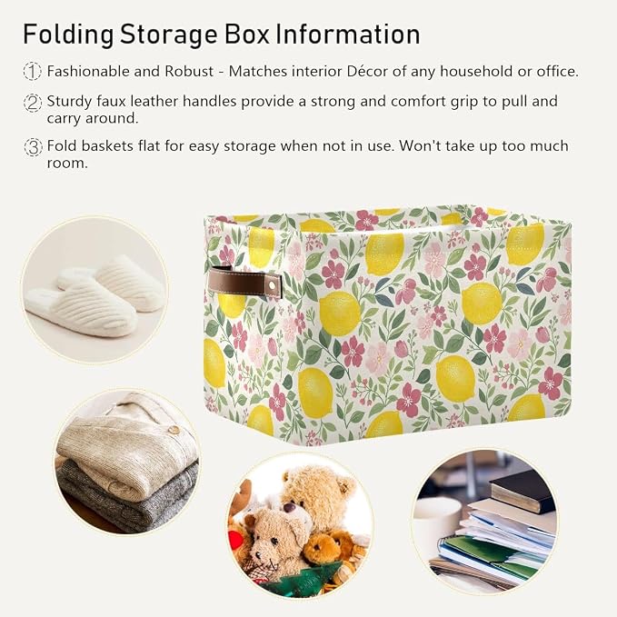 susiyo Large Foldable Storage Bin Beautiful Floral Lemon Fabric Storage Baskets Collapsible Decorative Baskets Organizing Basket Bin with PU Handles for Shelves Home Closet Bedroom Living Room-1Pack