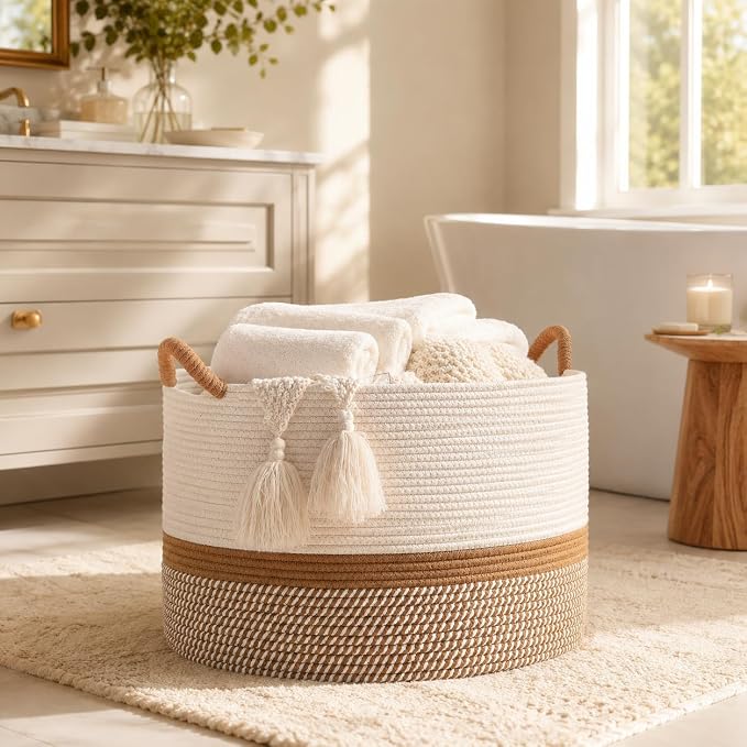 KAKAMAY Large Blanket Basket with Handles, Storage Basket for Living Room | Extra Large Capacity | Blanket Storage | Laundry Basket | Natural Cotton Rope | Stuffed Animal Storage | Woven Storage Basket