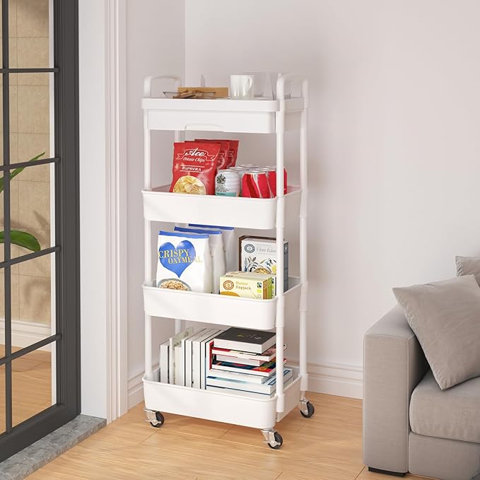 Calmootey 4-Tier Utility Cart with Drawer & Wheels, Storage for Home,Office | Space-Saving Organizer, Sturdy Plastic Shelves, Smooth-Rolling Metal Wheels, Built-in Drawer for Small Items, White