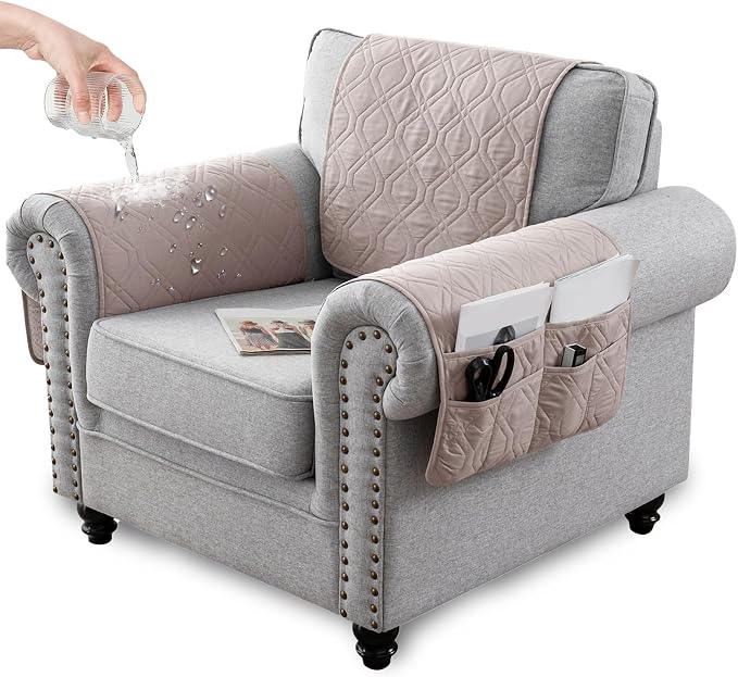 Recliner Armrest Cover with Headrest, Chair Armrest Slipcover with Side Pockets, Water-Resistant, Non Slip Furniture Protector for Pets(Apricot,2 Seater 4PCS)