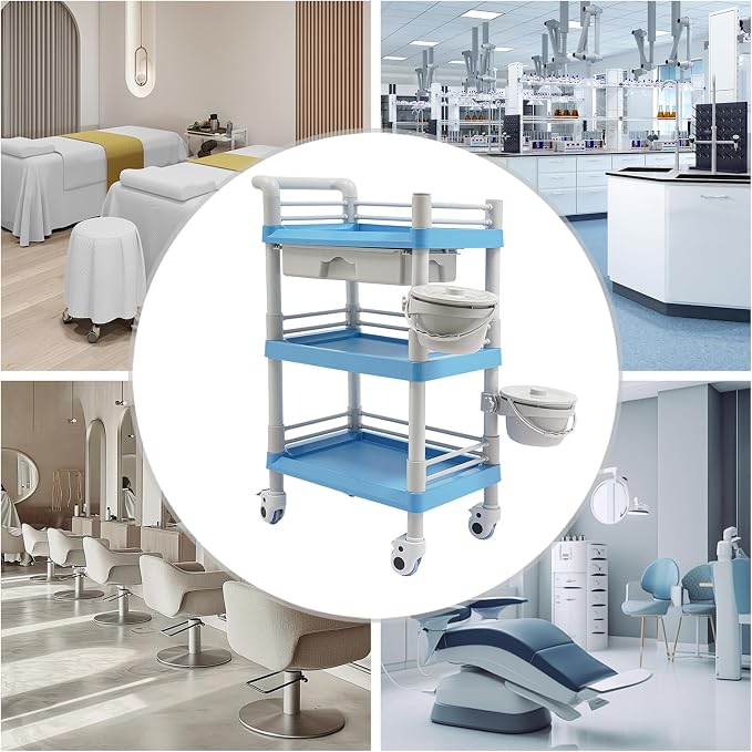 Mobile Salon Storage Cart with Wheel and Drawer, Portable 3-Tier Professional Trolleys, 176 Lbs Load Utility Tool, for Barber Stores, Spas, Homes, Beauty Store, Pet Shops (Blue)