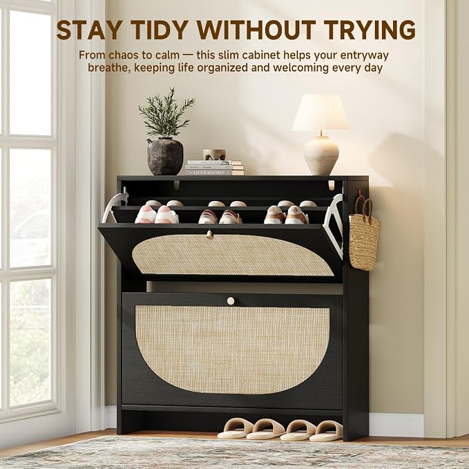 Shoe Organizer for Entryway, Slim Shoe Rack with 2 Flip Drawers, Modern Boho Rattan Shoe Cabinet Storage for Entryway, Narrow Shoe Cabinet with Adjustable Shelves for Small Spaces, Black