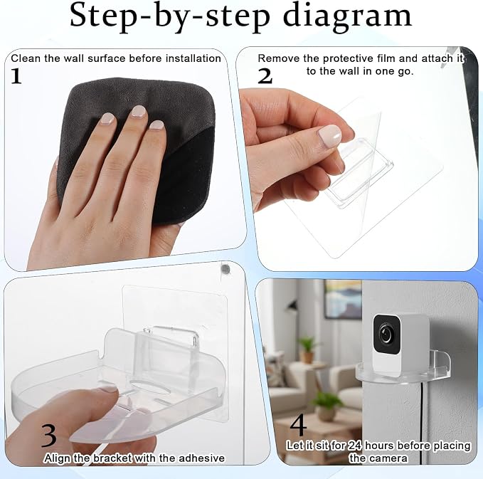 4 Pack Adhesive Security Camera Wall Mount, Universal Transparent Monitor Wall Mount Brackets with Cable Clips Versatile Surveillance Holder Self Adhesive Small Walls Shelf for Bedroom Kitchen Living