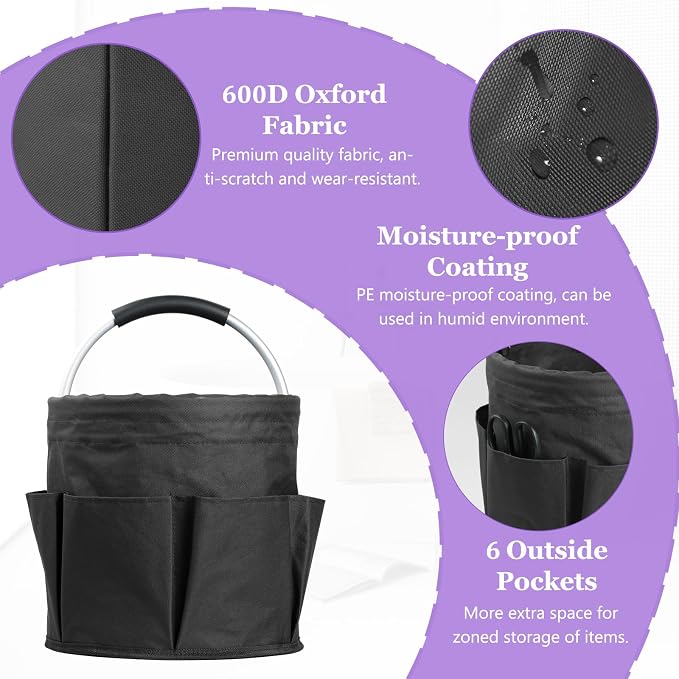 17L Bucket Tool Organizer with 6 Side Pockets, 2Pcs Collapsible Cleaning Caddy with Handle, Folding Gardening Tool Bag, Multifunctional Storage Basket for Garden, Bathroom, Black + Navy Blue