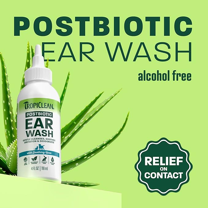 TropiClean Dog Ear Wash, Vet Recommended Ear Cleaning Solution for Itch Relief, Odor Eliminating, Non Stinging Alcohol-Free, Cat Safe, USA Made, 4oz
