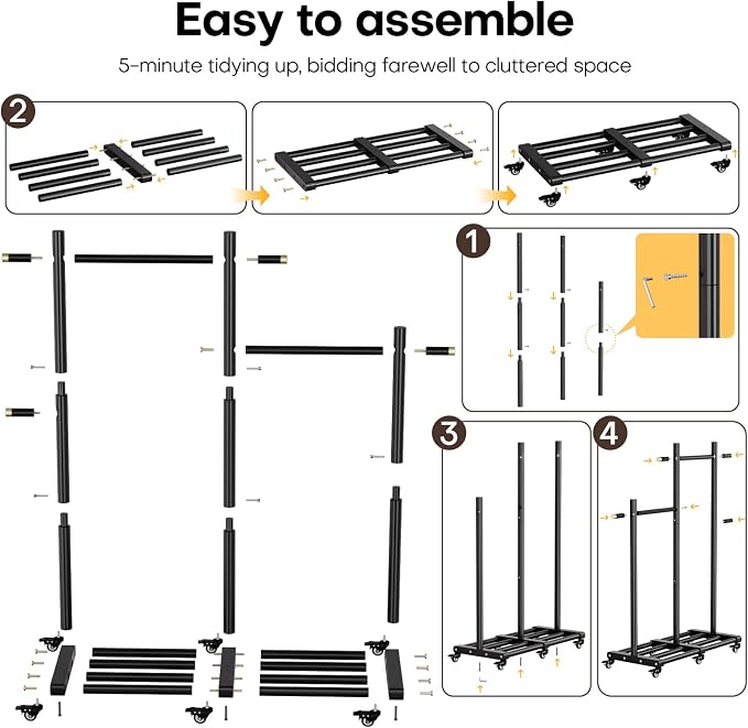 Wooden Clothing Rack, Double Pole Clothes Rack with 4 Hooks & 6 Wheels | Long and Short Clothing Section Design, Load Capacity 360Ib, Garment Rack for Hats, Scarves, Trench Coats, and Shoes