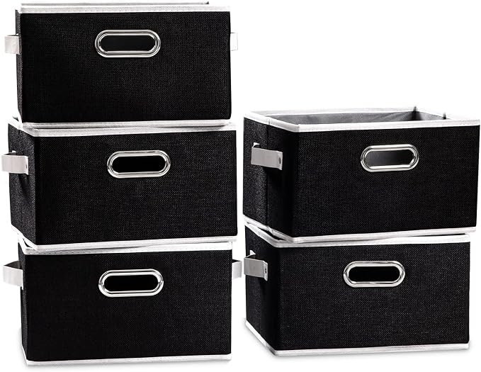 PRANDOM Fodable Storage Baskets for Closet [5-pack] Decorative Fabric Storage Bins Cubes with Leather/Metal Handles for Shelves Bedroom Living Room Black (11.5x8.5x6.7 Inch)