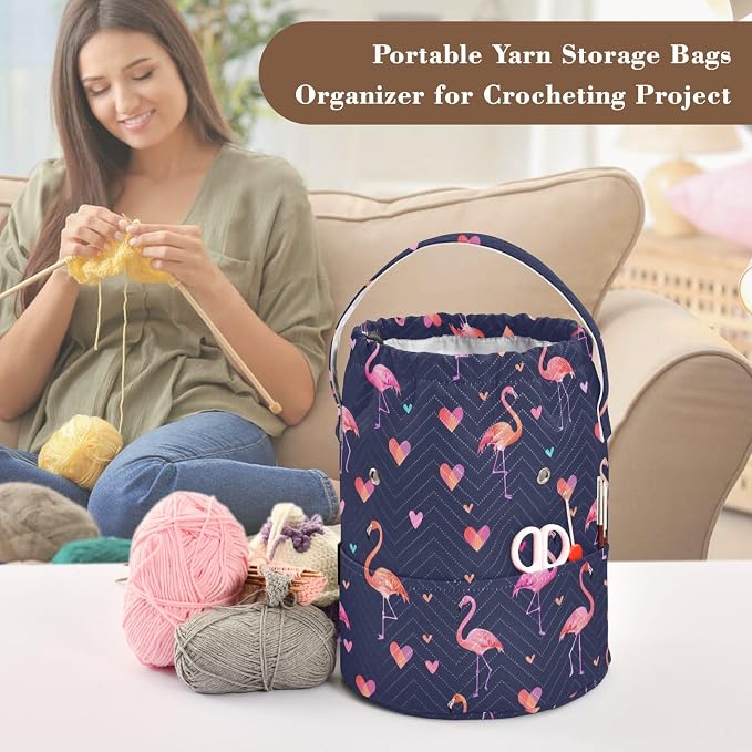 Fustylead Cute Pink Flamingo and Hearts Crochet Drawstring Organizer, Large Yarn Bag Storage Tote Basket for Crocheting On The Go, Kit Holder, Gift for Knitter, Crochet Beginner