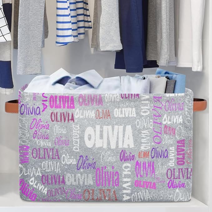 Personalized Storage Basket with Handles, Silver Glitters Print | Organizing Boys Girls Pets Toys Closet Shelf Clothes Books