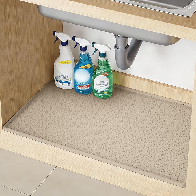 TRZZ Waterproof Under Sink Mat, 28"x22", Drip Tray Shelf Liner, Khaki | Silicone, Cabinet Protector, Home Organizer, for Kitchen, Bathroom, Multipurpose, Easy Clean, Leak Proof, Organizes Cabinets