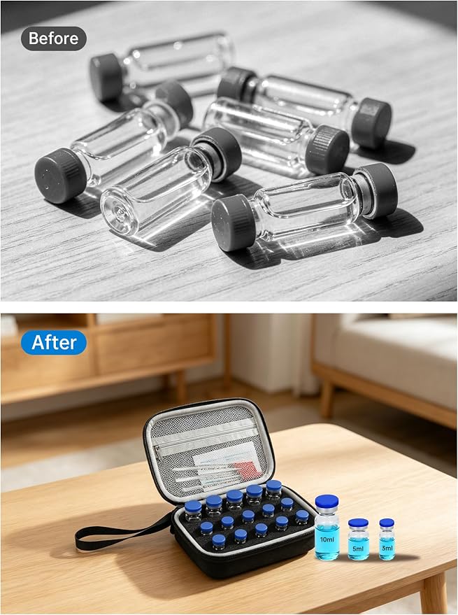 15Slot Peptide Case for Fridge & Insulin Travel Case for 3ml/5ml/10ml Vials | 15 Slot Adjustable Fits 3ml/5ml/10ml Peptide Vials, Dual-Layer Waterproof Oxford, Impact-resistant Foam, Portable Small Size