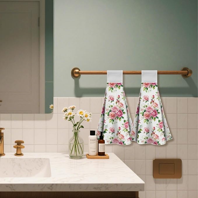CUTHOLLOW Pink and White Roses Hanging Kitchen Towels with Loop, Set of 2 - Soft & Super Absorbent Microfiber Decorative Hanging Dish & Hand Towel, Tea, Coffee Towel for Kitchen Bathroom Oven Handle
