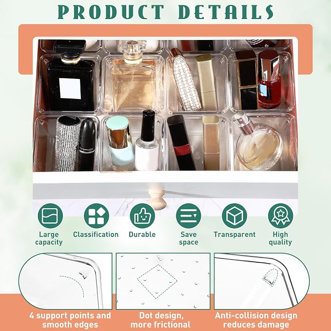 Tioncy 8 Pcs Stackable Clear Drawer Organizer 3" x 3" x 2" Storage Bins | For Makeup Vanity Bathroom Kitchen, Small Containers Office Desk Cosmetics, Transparent Organizers Declutter Drawers Easily