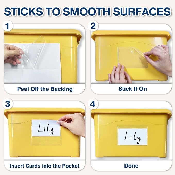 H4D 24 Pack labels for Storage Bins, 3" x 5" Plastic Clear Adhesive Pockets | Top-Open Index Card Holder, Waterproof & Removable Labels for Storage Bins, Totes, Containers, Shelves & Library Organization