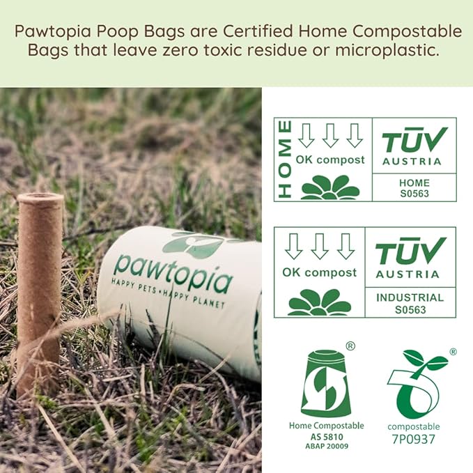 Pawtria Home Compostable Dog Poop Bags (240) with Paper Poop Bag Dispenser | 240 Compostable Dog Poop Bags with Reusable Paper Dispenser, Leak-Proof, Easy Open, TÜV AUSTRIA Certified