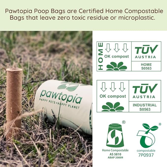 Pawtria Home Compostable Dog Poop Bag Rolls, 120 Bags, 8 Rolls | Leak-Proof Dog Poop Bags Made with Vegetable Starches, TÜV Austria Home Compost Certified, Easy Open Rolls