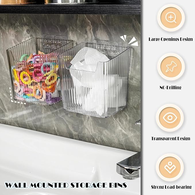 Lae Nuvole Clear Adhesive Wall Organizer Bins, Cabinet Door Storage, 4 Pack | 8 adhesive pads, No Drill, PET, stackable, space-saving; renter friendly, for Bathroom, Kitchen, Pantry, RV, Dorm, Office