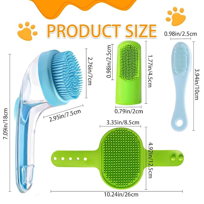 7 PCS Pet Bath Brush Set, Dog Bath Brush with Shampoo Dispenser, Cat Chin Cleaning Brush, Dog Toothbrush, Adjustable Glove Massage Brush, Pet Scrubber for Bathing Long Short Haired Dogs Cats (Green)