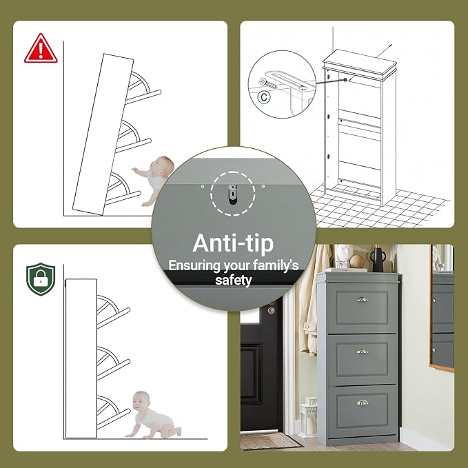 Haotian FSR94-HG, Grey Shoe Storage Cabinet with 3 Flip Drawers, Freestanding Shoe Rack, Shoe Storage Cupboard Organizer(9.4" D x 20.9" W x 46.1" H) | Freestanding Shoe Rack for Entryway, Shoe Organizer with Hidden Drawer, Grey, FSR94-HG