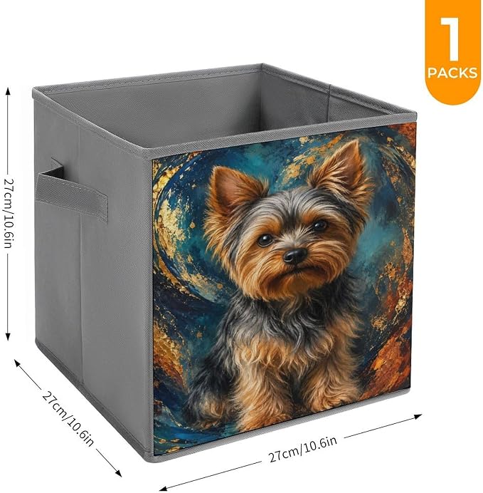 Yorkie Dog Art Print Storage Bin with Handles, Oxford Fabric Foldable Storage Cube Organizer for Clothes, Towels, Bedroom, Living Room, Home Organization