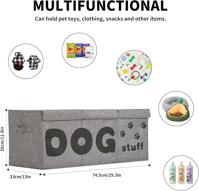 Qozary Dog Toy Storage Box - 3 Grids Large Dog Toy Basket and Storage Bin With Lid for Pet Supplies, Perfect To Keep Everything Organized
