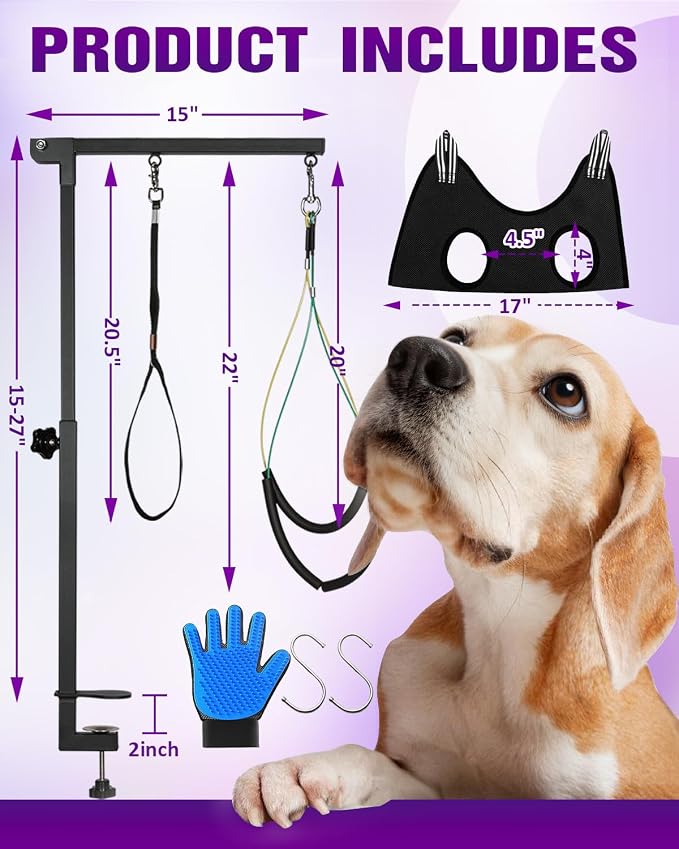 Adjustable Dog Grooming Arm with Clamp Dog Grooming Hammock and Loop Noose | Metal Dog Grooming Table Arm, Adjustable height 17"-35", No Sit Haunch Holder, Grooming Restraint for Small & Medium Dogs