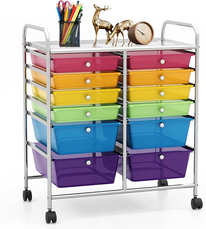 12 Drawer Rolling Storage Cart, Art Cart Organizer on Wheels, Mobile Utility Cart with Drawers, Multipurpose Craft Drawers for Home Office School Classroom (Rainbow)