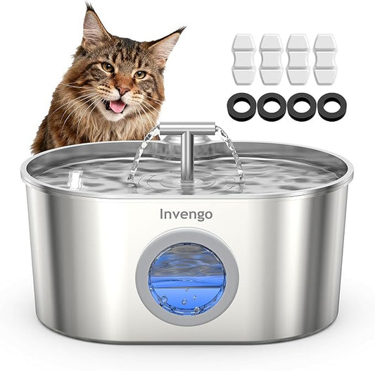 Invengo Cat Water Fountain Stainless Steel: 2.2L/74oz Automatic Pet Water Fountain for Cats & Dogs, Quiet Cat Fountain with 5-Layer Filter, Easy to Clean & Durable Dog Water Fountain