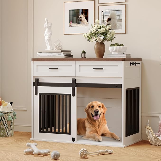 44.5'' Dog Crate Furniture with Hook and Storage Drawer, Wooden Dog Kennel with Sliding Barn Door Indoor Furniture Style Dog Crates End Table for Medium/Small Dogs (White)