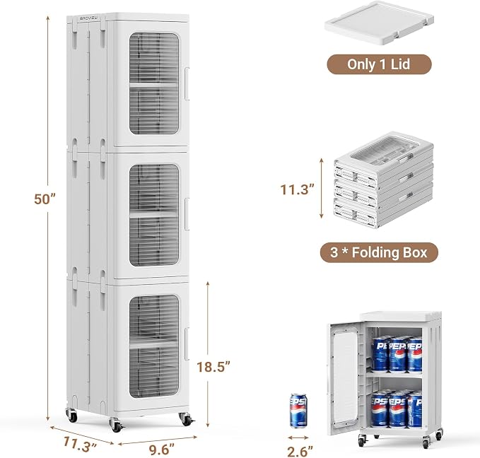 BROVIEW 3-Tier Tall Narrow Storage Cabinet Organizer, Slim Bathroom Cabinets with Adjustable Shelves and Doors, Plastic Kitchen Pantry Organizers and Storages for Small Space, Laundry, White