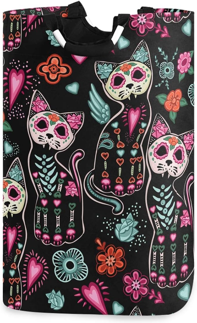 visesunny Collapsible Laundry Basket Sugar Skull Cat Flower Floral Large Laundry Hamper with Handle Toys and Clothing Organization for Bathroom, Bedroom, Home, Dorm, Travel