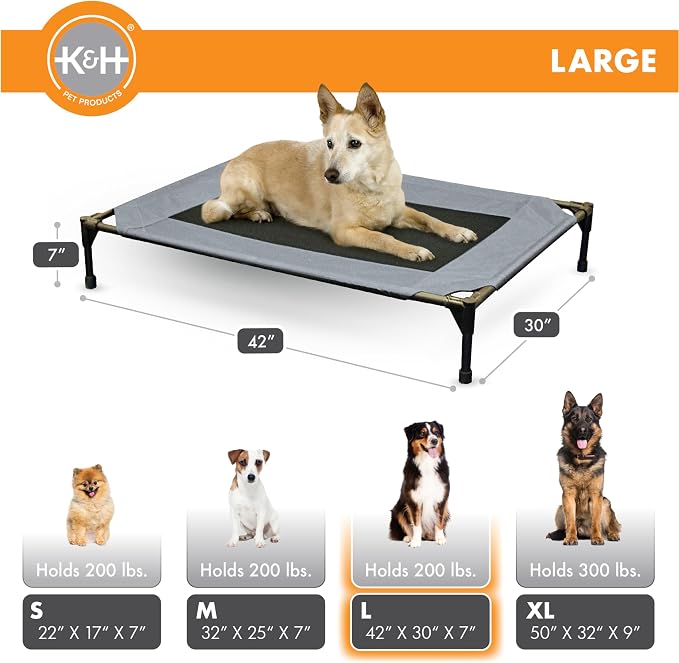 K&H Outdoor Elevated Dog Bed - Cooling Raised Dog Bed for Medium & Large Pets, Breathable Mesh Center Hammock Design, Indoor/Outdoor Washable Cover, Portable Metal Frame, Gray, Large 42x30in