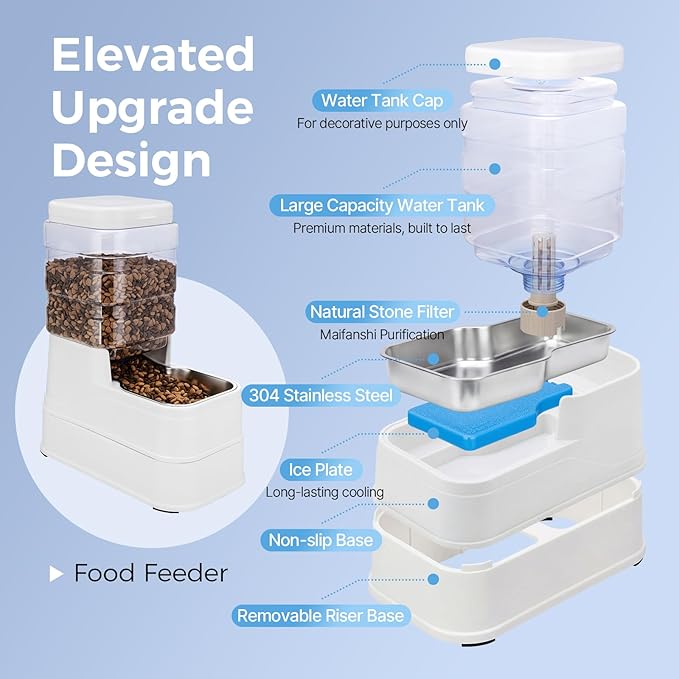 Automatic Cat Feeder and Water Dispenser with Stainless Steel Bowl with Ice Pack Gravity Food Feeder and Waterer Set Feeding Raised Bowls with Filter for Dog 1.3 Gallon x 2(White)