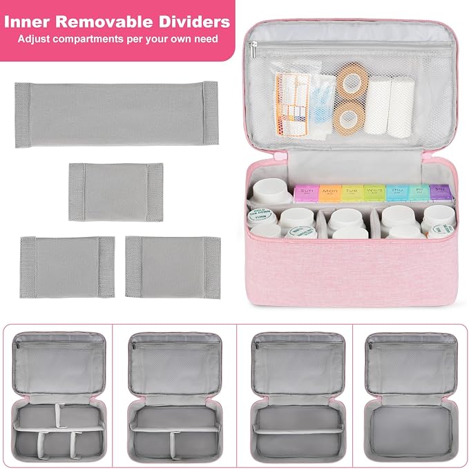 LEFOR·Z Medicine Bag,Double Layers Pill Bottle Organizer Travel Bag Empty | Medical Supplies Storage Bag with Lockable Zipper & Adjustable Divider,Medication Carrying Bag for Pills,Vitamins,Pink