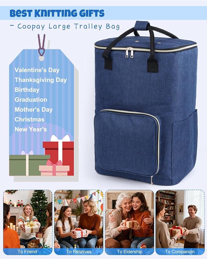 Coopay Portable Crochet Bag, Extra Large Yarn Storage for Crochet Accessories and Supplies, Yarn Bags with Wheels and Telescoping Handle, Durable Knitting Bag for Craft Enthusiasts