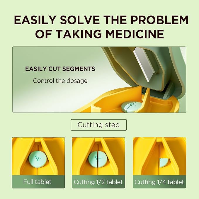 Pill Cutter for Small and Tiny Pills - Pill Splitter with Detachable Silicone Pad - Easy Open Snap Button. Wrap-Around Blade Guard Prevents Cuts. Back Storage (Green)