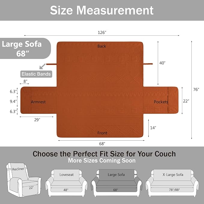 Boho Quilted Pet-Friendly Couch Covers with Pockets, Anti-Slip Aztec Couch Covers for 3 Cushion Couch, CouchCovers for Sofa Water-Repellent SofaCovers Washable (Large Sofa 68", Burnt Orange)