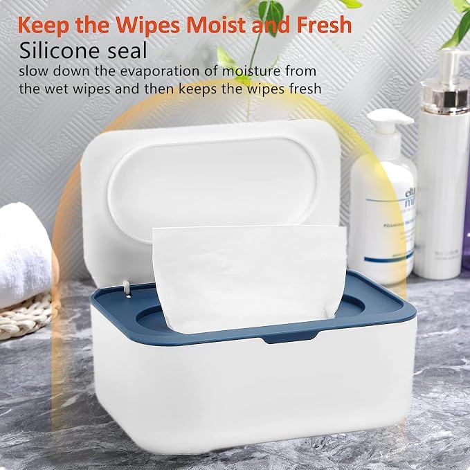 Wipes Dispenser Set,1 Wipe Box & 2 Portable Pouches,White Blue | Refillable Reusable Large Wet Wipe Holder, Flushable Wipes Case Bathroom Wipes Container for Pet Nursery Kitchen Office