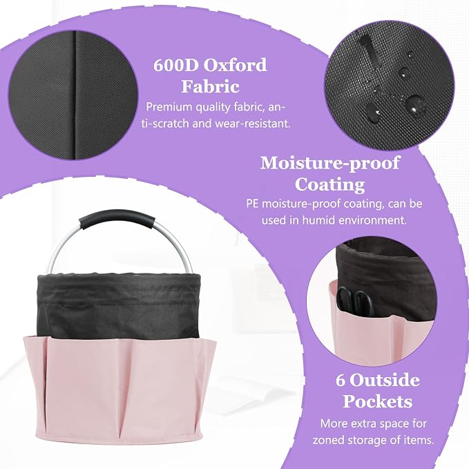 17L Cleaning Supply Caddy for Family, Portable Shower Caddy with Handle and 6 Pockets, Foldable Tool Bucket Organizer, Large Storage Basket for Camping, Gardening, Black with Pink