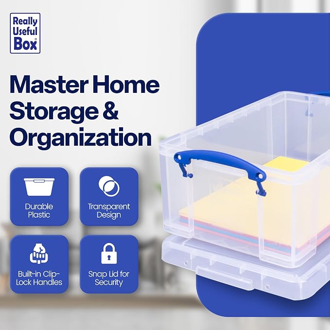 Really Useful Box Stackable 9 Liter Plastic Storage Container, 3 Pack | Bin with Snap Lid & Built-In Clip Lock Handles for Home & Office Organization