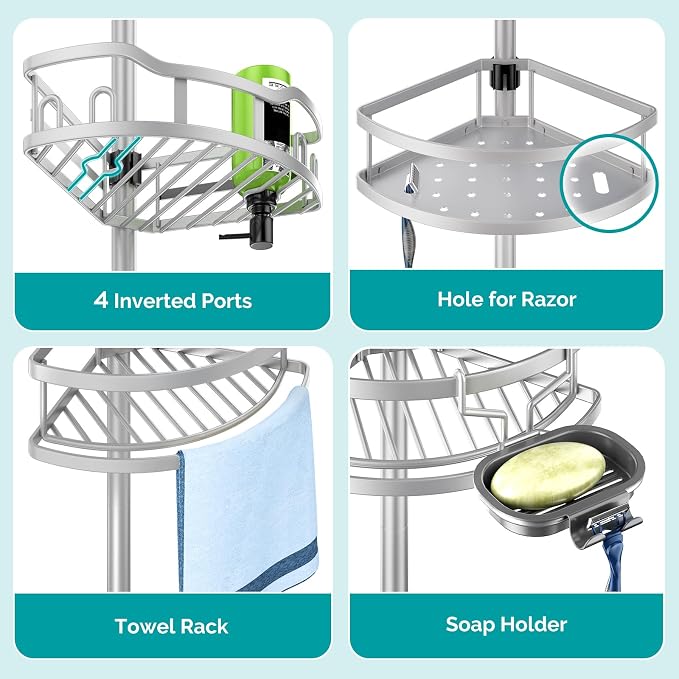 HAMITOR Corner Shower Caddy Tension Pole: Rustproof 4-Tier Bathroom Organizer Shelves for Bathtub Shampoo Storage - 47-121 Inch Quick Install Adjustable Rod Standing Rack with Soap Rack - Silver Gray | Rustproof Organizer 4-Tier Shelves , 47-121 In Rod...