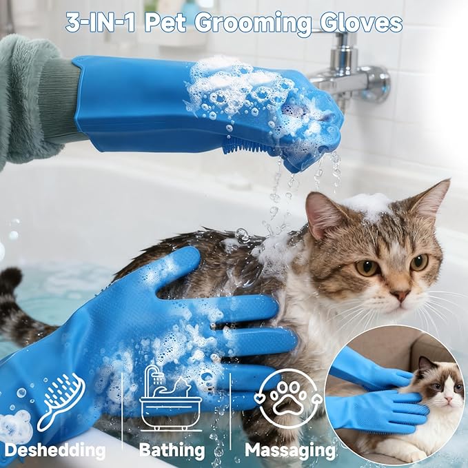 3PCS Pet grooming kit ,Pet hair removal glove | Dog Bath Brush | Pet Grooming Glovesc, Newly Upgraded Reusable Electrostatic Pet Hair Gloves & dog bath gloves for dog grooming & pet hair cleaning