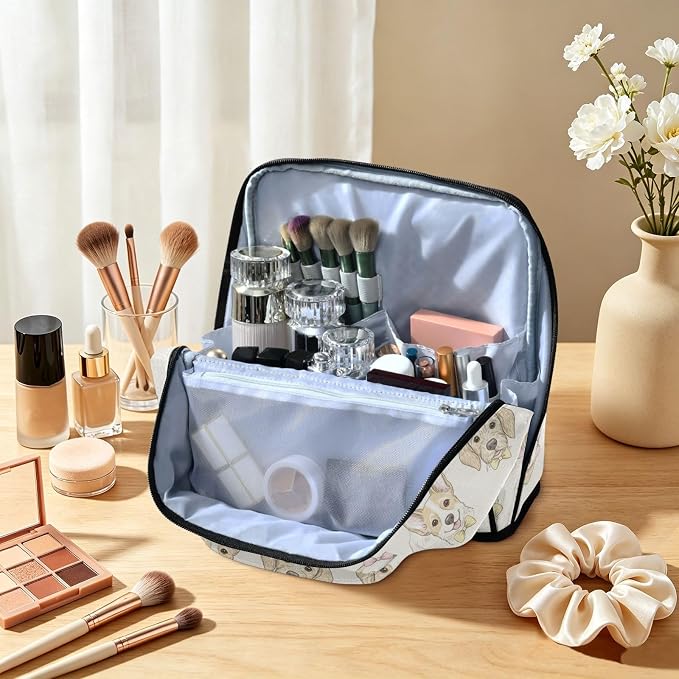 Pets Dogs Travel Makeup Bag Large Cosmetic Pouch Organizer | Toiletry Bag with Adjustable Dividers, Padded Protection, Luggage Strap, Multiple Pockets for Women Travel Essentials