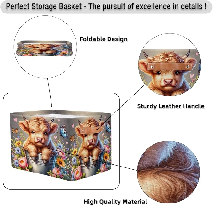 Basket Storage Bins Alpine Cattle Cow Flower Rectangle Cube Basket Box Kids Girls Boys Toys Organizer Beaket Decor Foldable with Handle for Living Room Bedroom Closet Nursery Office Shelf Gifts