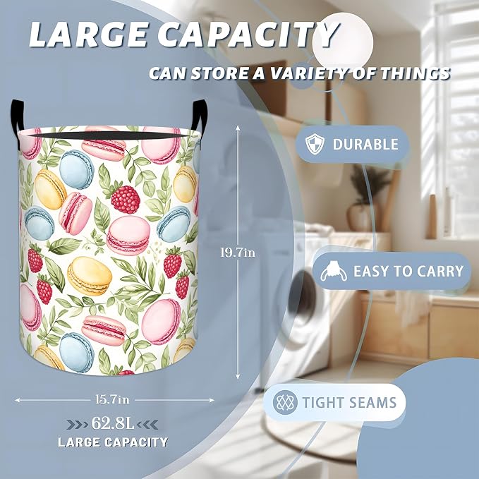 Sweet Macaron Laundry Basket, Green Leaves Flower Dessert Storage Hamper, Round Collapsible Waterproof Cloth Bin, 19.7x15.7 Inch Cute Cartoon Clothes Organizer Gifts for Bathroom Decor