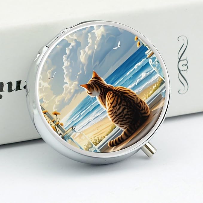 Cat On Windowsill Metal Round Pill Box, 3 Compartment Travel Organizer, Portable Pill Container with Secure Latch, 2 Inch Circular Vitamin Caddy for Pills and Vitamins, Gift for Him Her Elderly