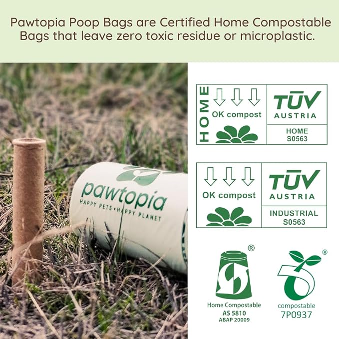 Pawtopia Pet Waste Bag Duo - 240 Standard Sized-Dog Poop Bags (16 rolls) + 100 Extra Large Cat Litter Bag with Handles (1 big roll), Vegetable Starches, Tuv Austria, Leak-Proof, Yard Pickup | Standard Poop Bags for Dogs plus XL Cat Litter Bags with Han...