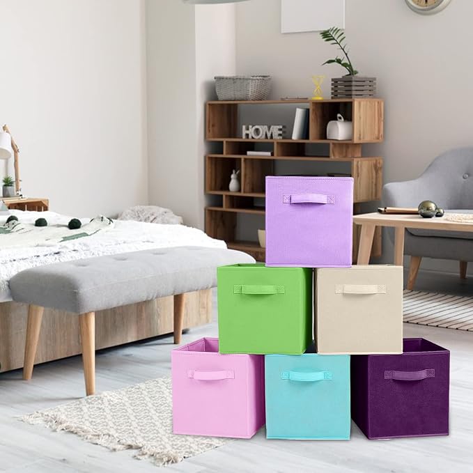 PowerKing Collapsible Storage Cubes, Farbic Storage Bins, 6 Colors, 6 Pack | Sturdy, Lightweight, Easy Pull Handle, Closet & Shelf Organizer, Clothes and Toys Storage, 10.5'' x 11'' x 10.5''
